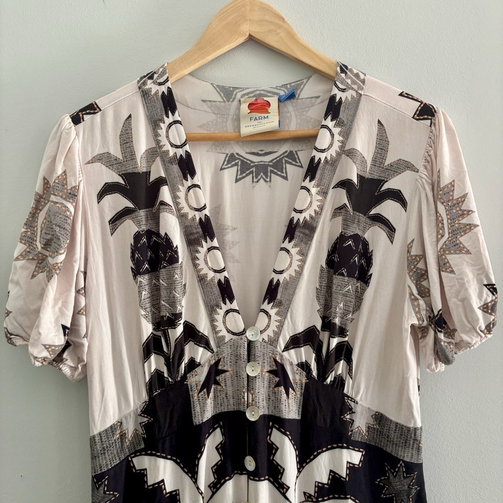 Farm Rio Puff-Sleeve Linen Jumpsuit Black White Large Petite Resortwear Tropical